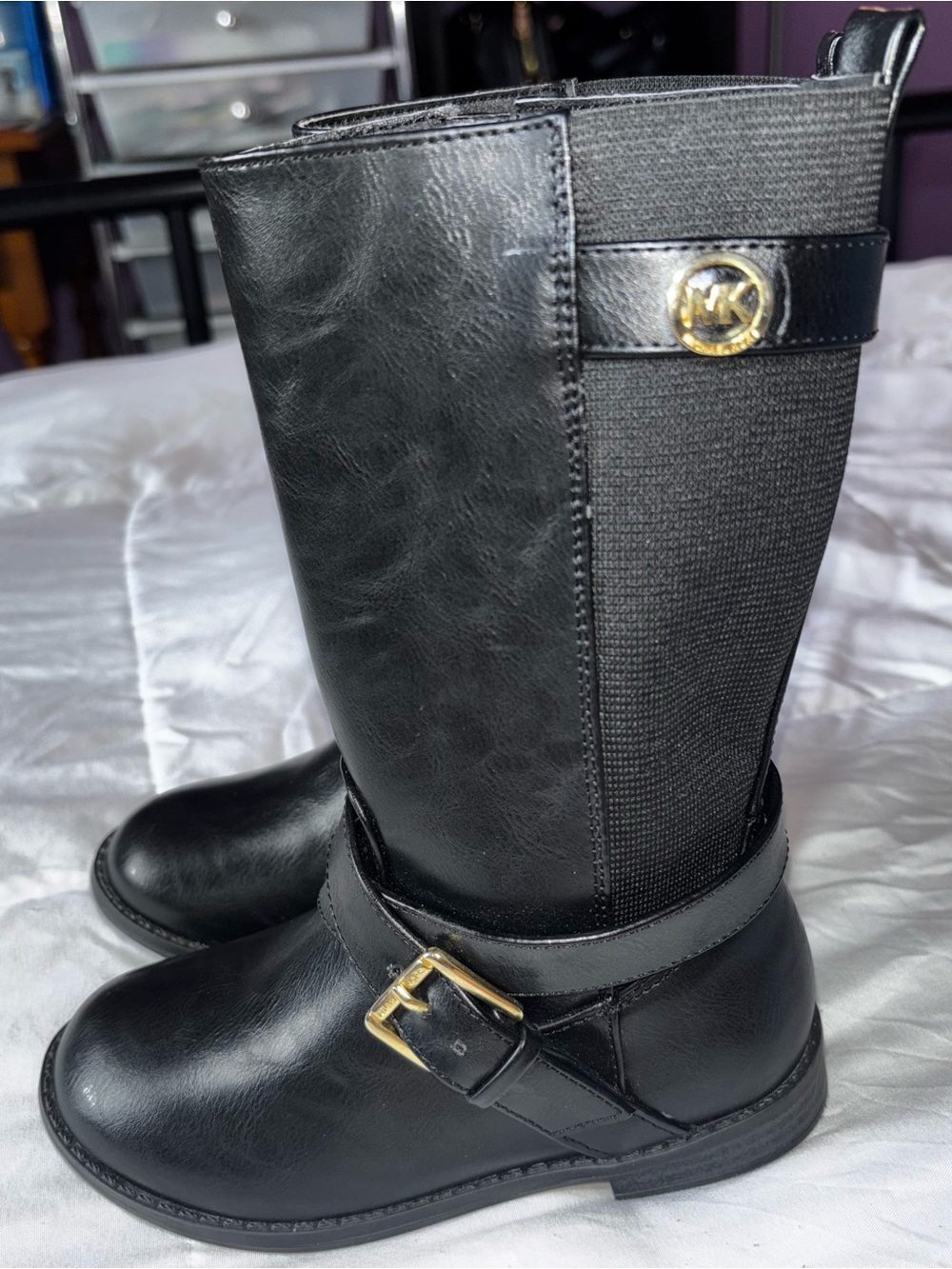 Toddler Girl’s Michael Kors Black Knee High Riding Boots with Gold Accents - Picture 3 of 7
